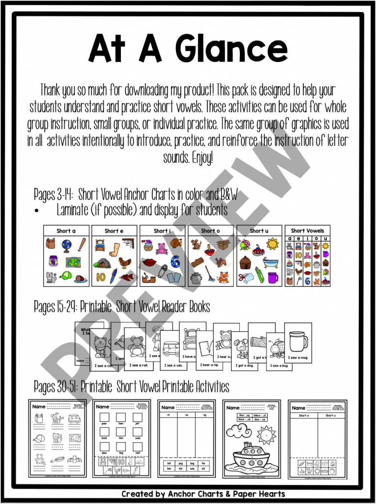 Short Vowel Anchor Chart Parts by Anchor Charts and Paper Hearts